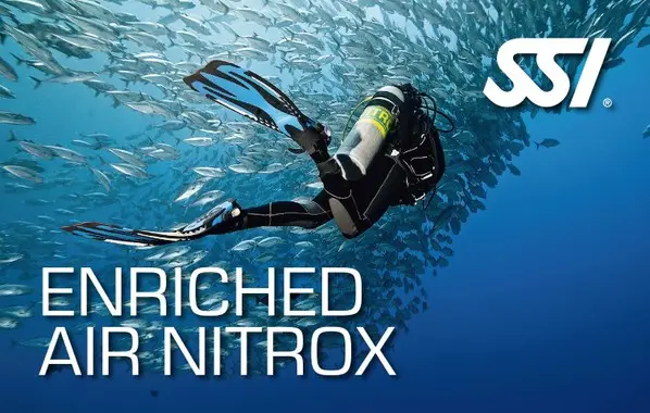 Enriched Air Nitrox tank attached to a scuba diver while swimming