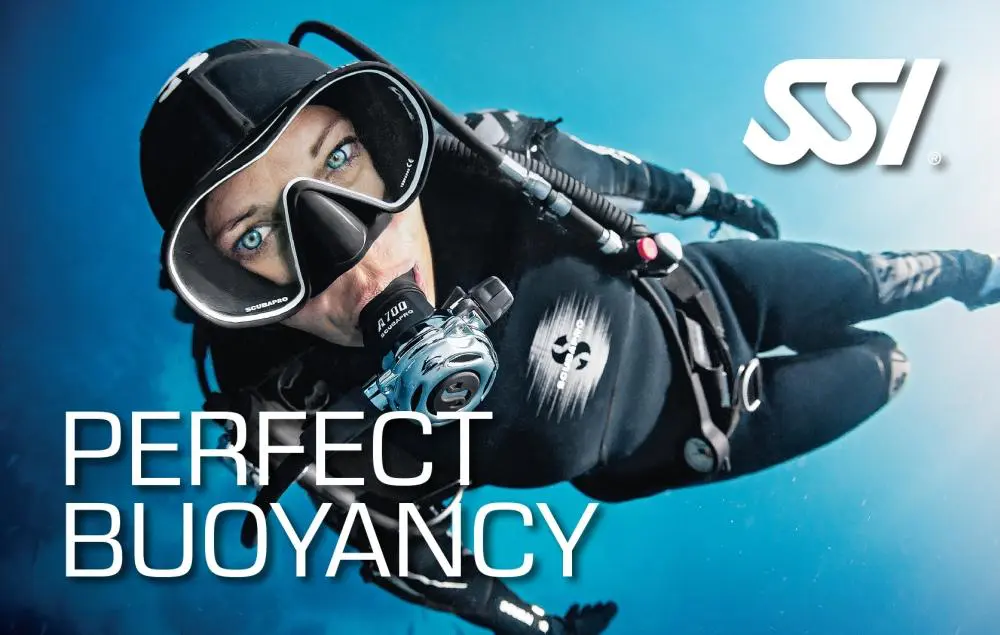Female scuba diver with blue eyes
